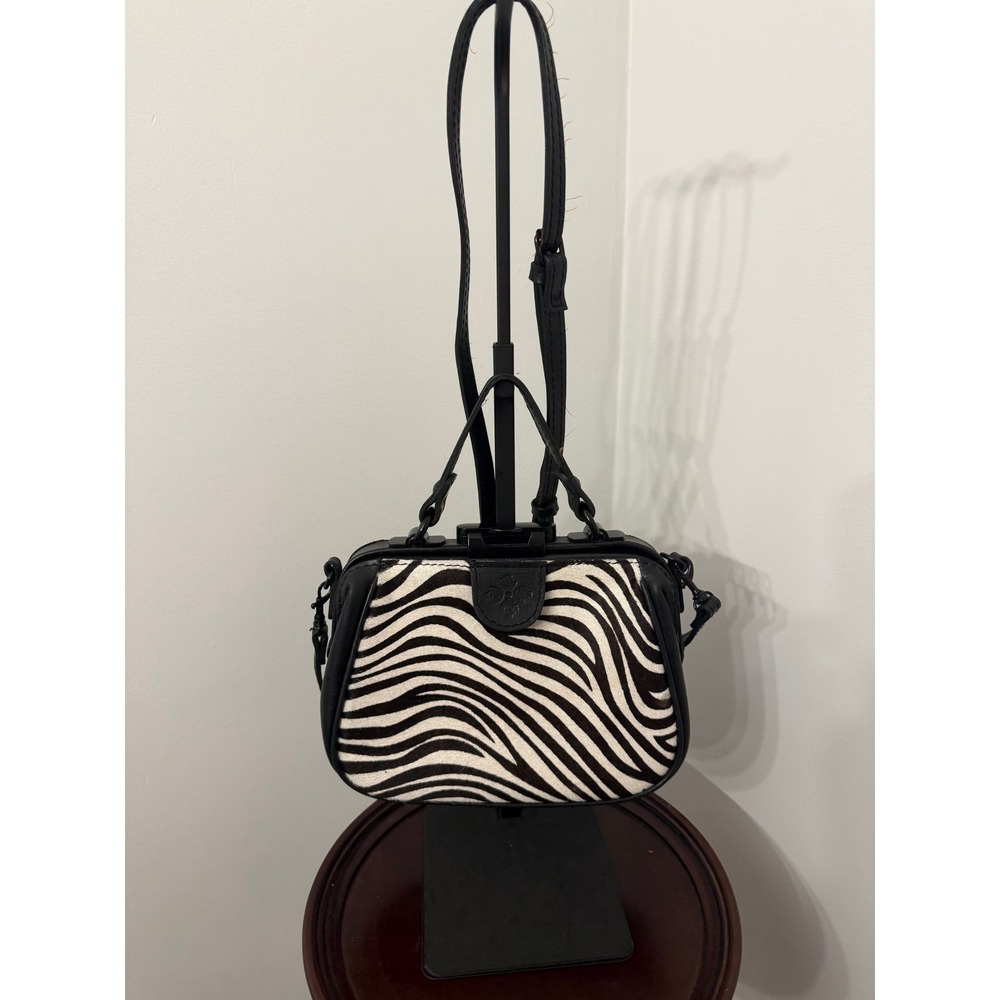 1 Patricia Nash Zebra-print Haircalf and Black Leather Frame Satchel Bag